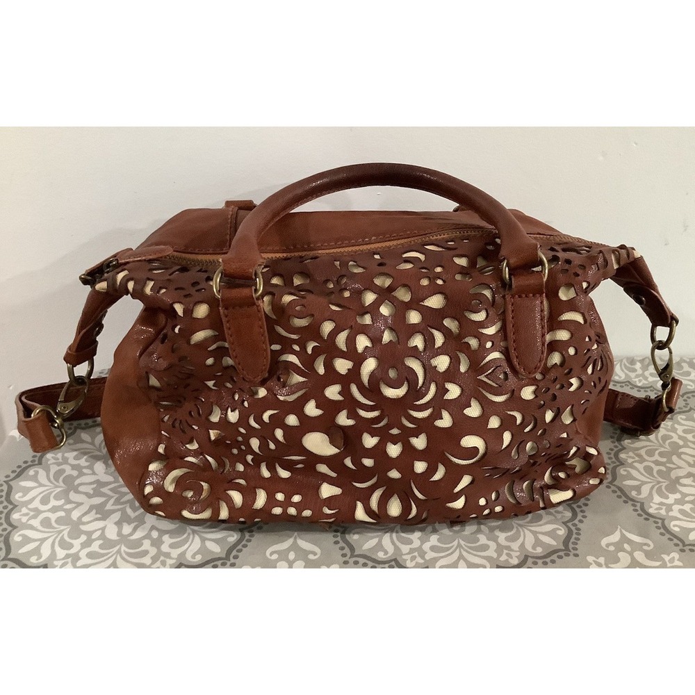 ^ Isabella Fiore, Brown, Laser Cut Leather Crossbody Bag